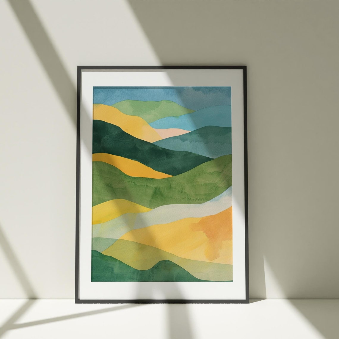 Abstract Rolling Green Hills Watercolor Yellow Layered Art Poster
