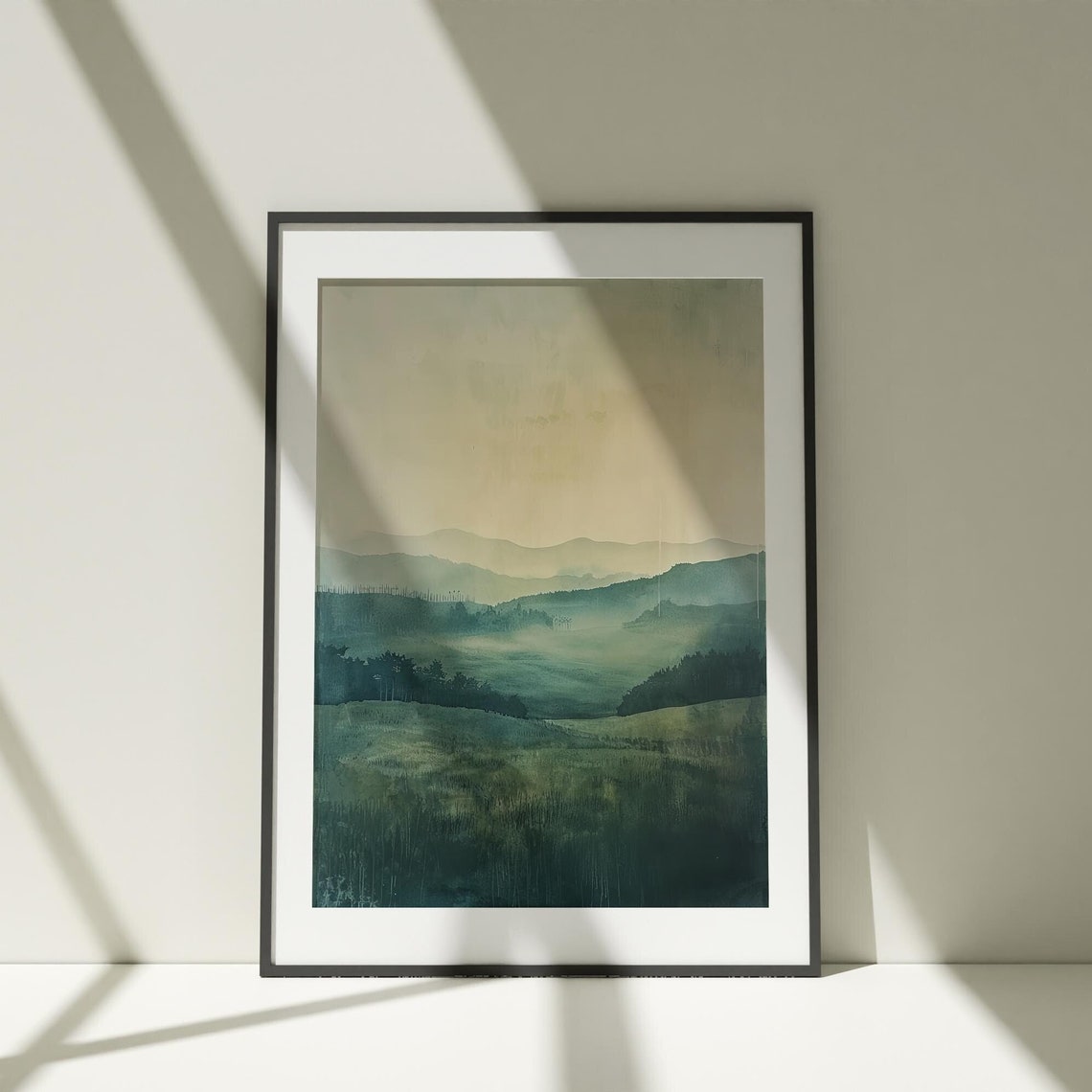 Misty Green Hills Watercolor Valley Serene Landscape Art Poster
