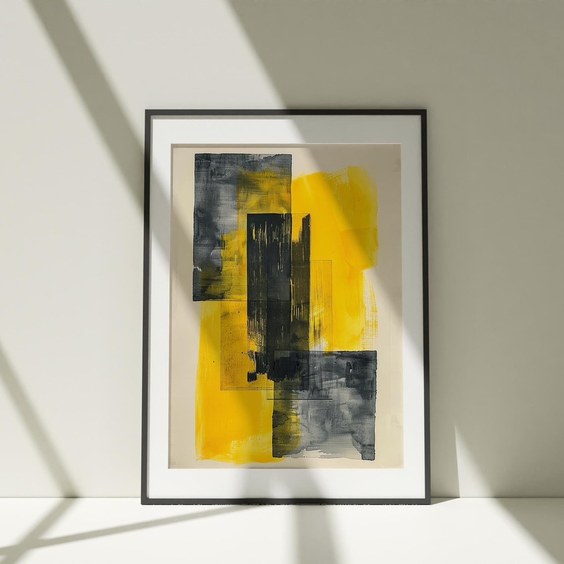 Mustard Yellow Black Geometric Abstract Watercolor Art Print