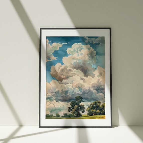 Minimalist Watercolor Clouds Landscape Abstract Forest Lake Wall Art Neutral Print Vertical Landscape Print Nursery Decor Kids Room Art