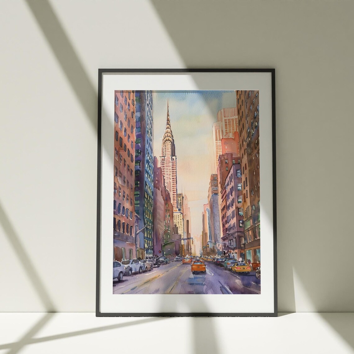 New York City Watercolor Chrysler Building Taxi Street Scene Poster