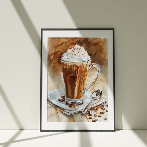 Caramel Coffee Drink Painting Wall Art Poster Watercolor Colorful Illustration Minimalist Decor Kitchen Artwork