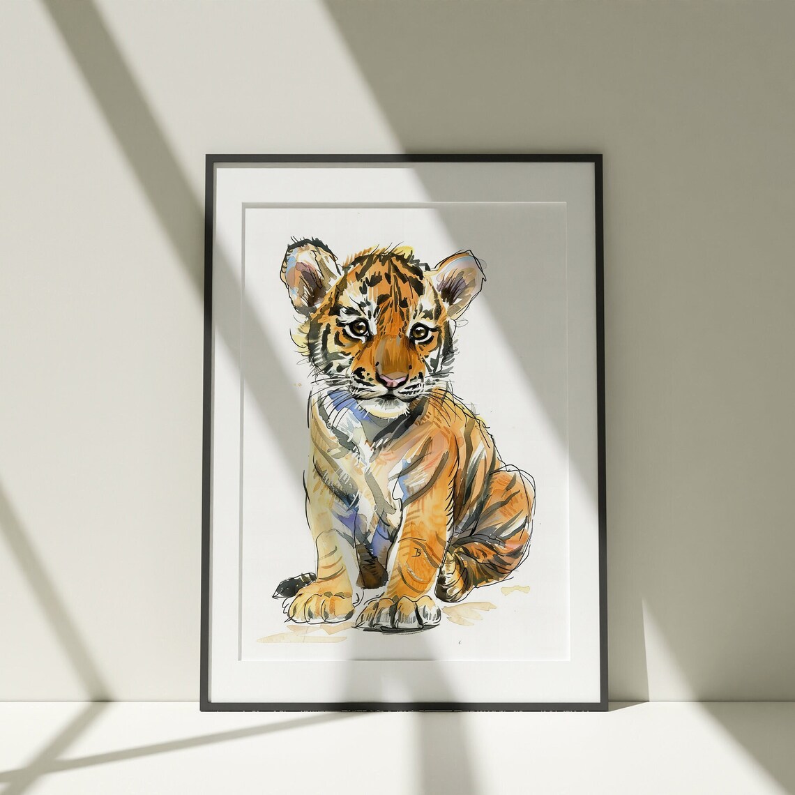 Adorable Tiger Cub Front View Watercolor Baby Animal Art Poster