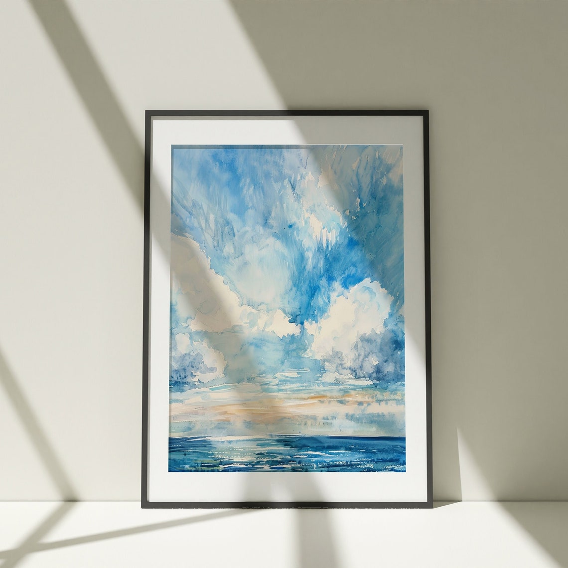 Blue Sky Clouds Over Ocean Watercolor Seascape Artwork Poster