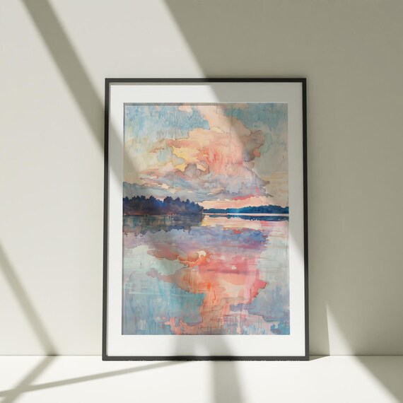 Watercolor Mountain Lake Painting Wall Art Poster Colorful Illustration Nature Print Minimalist Decor Living Room Artwork