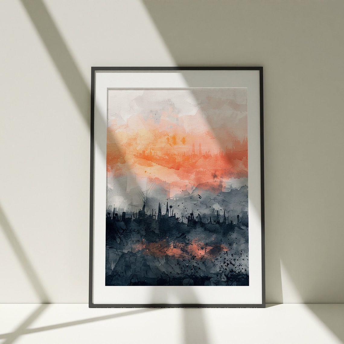 Dark City Skyline Watercolor Orange Sky Abstract Scene Poster