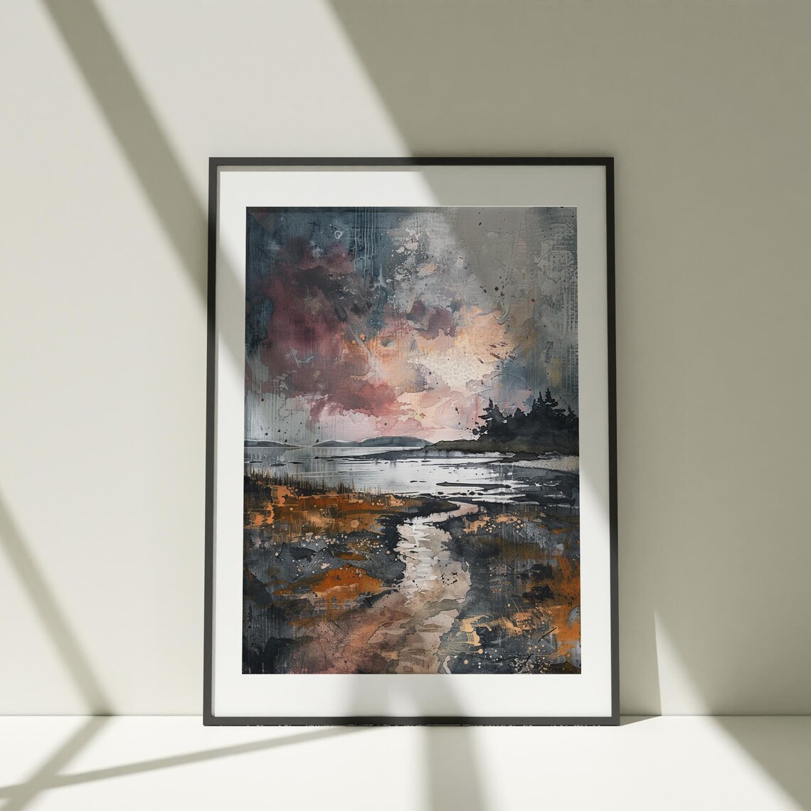 Abstract Coastal Sunset Watercolor Rose Sky Shore Path Art Poster