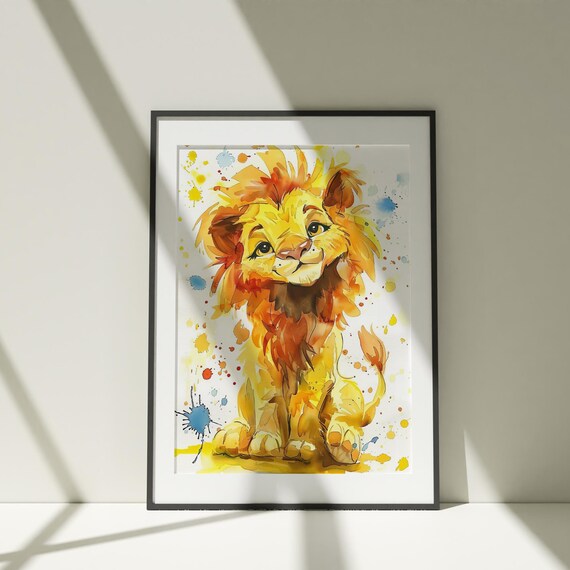Cute Lion Cub Cartoon Watercolor Nursery Kids Playful Art Poster