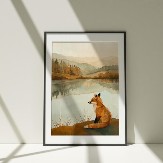 Red Fox by Mountain Lake Watercolor Painting Poster for Nature Lovers
