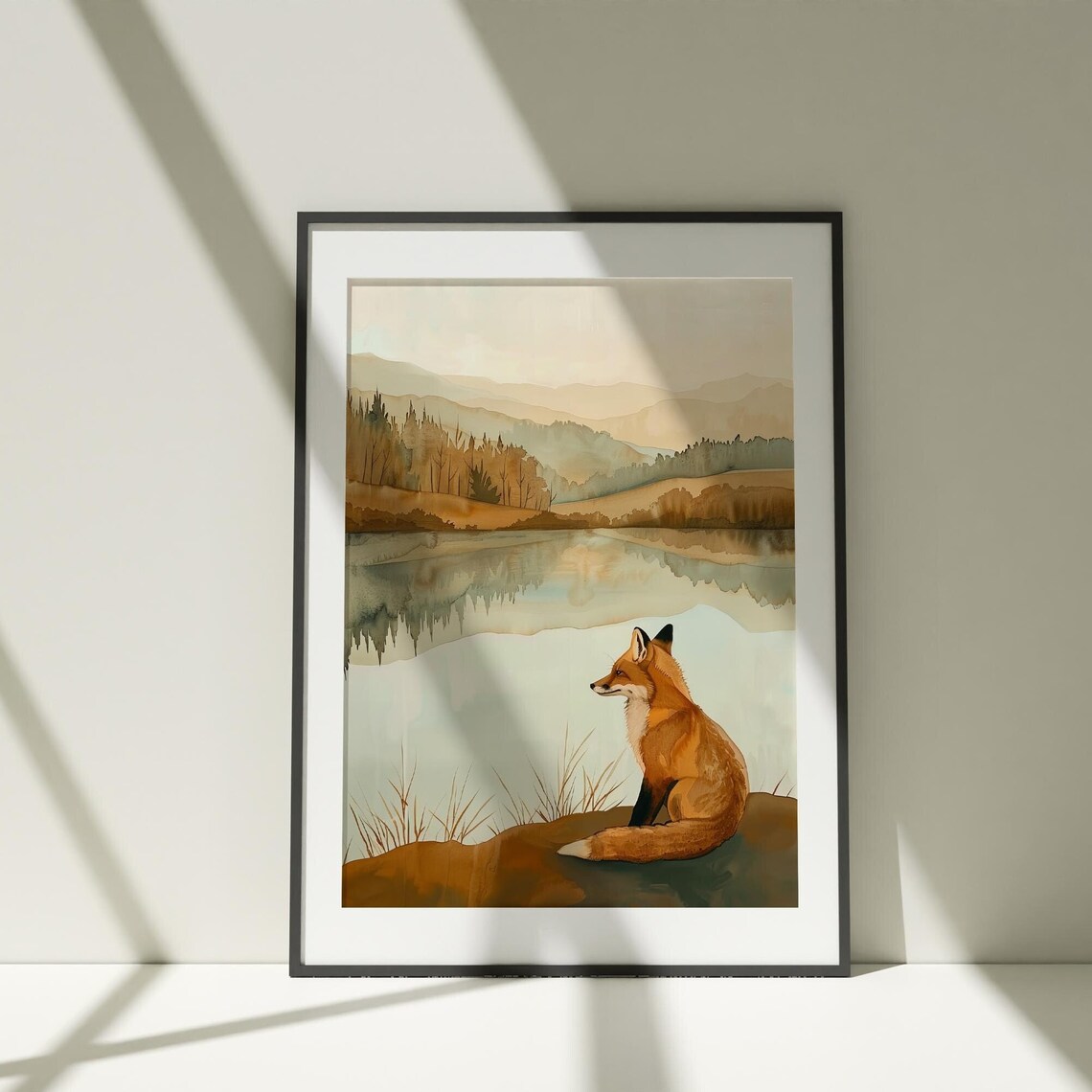 Red Fox by Mountain Lake Watercolor Painting Poster for Nature Lovers