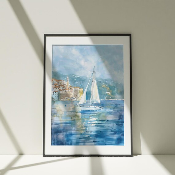 Sailboat Coastal Watercolor Seaside Town Sailing Scenic Art Poster