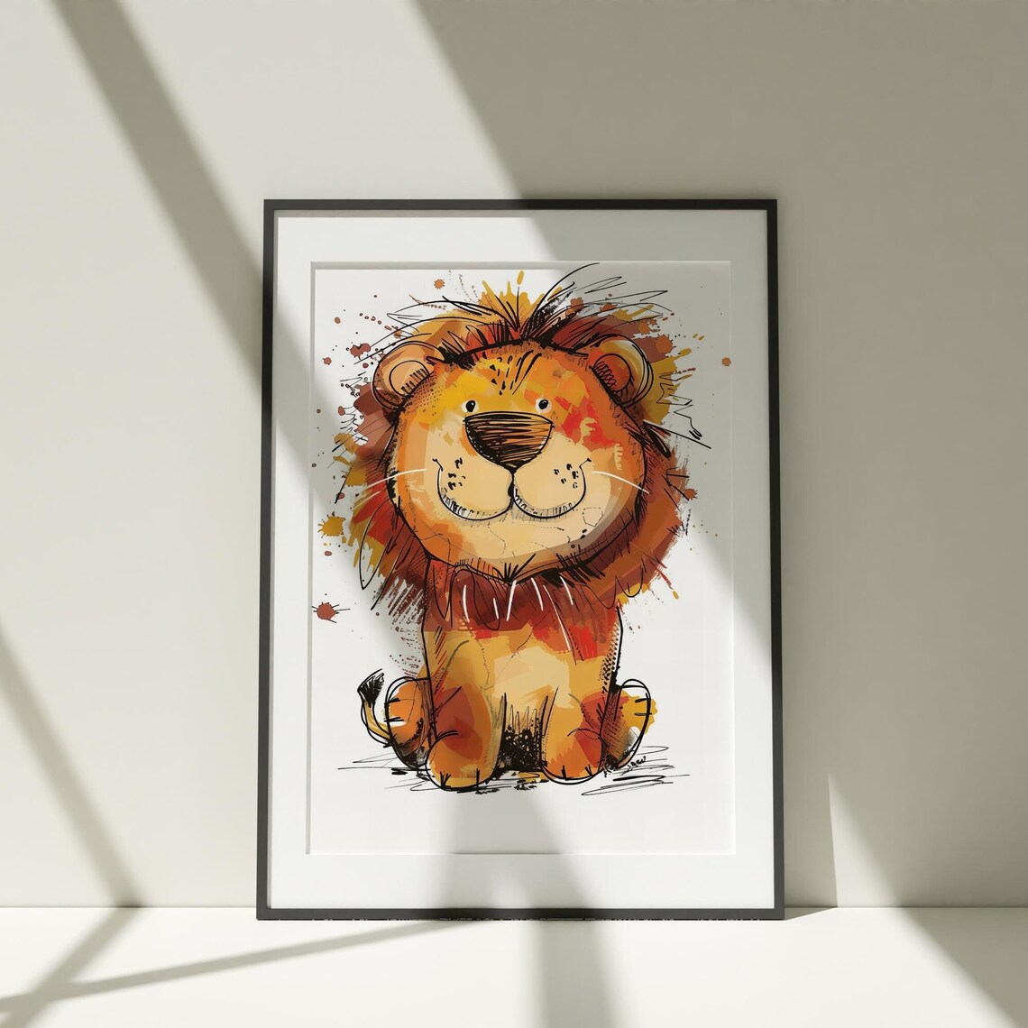 Cartoon Lion Watercolor Doodle Happy Kids Nursery Art Poster