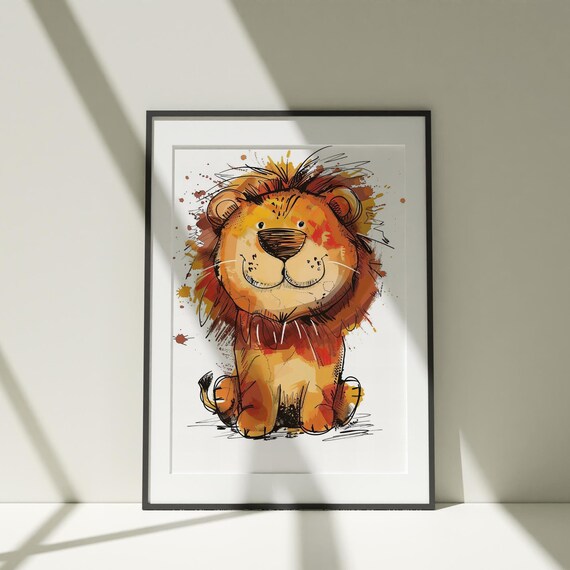Watercolor Cute Lion Painting Wall Art Poster Colorful Illustration Nature Minimalist Decor Nursery Room Artwork Kids Baby Print
