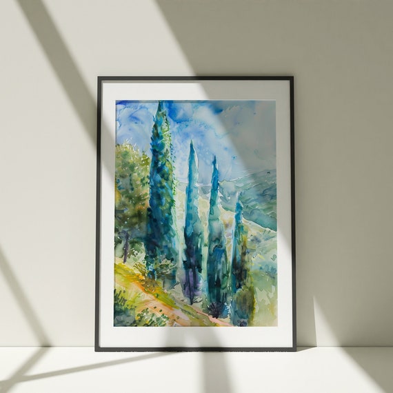 Cypresses Trees Painting Wall Art Poster Watercolor Colorful Illustration Nature Print Minimalist Decor Farm House Artwork