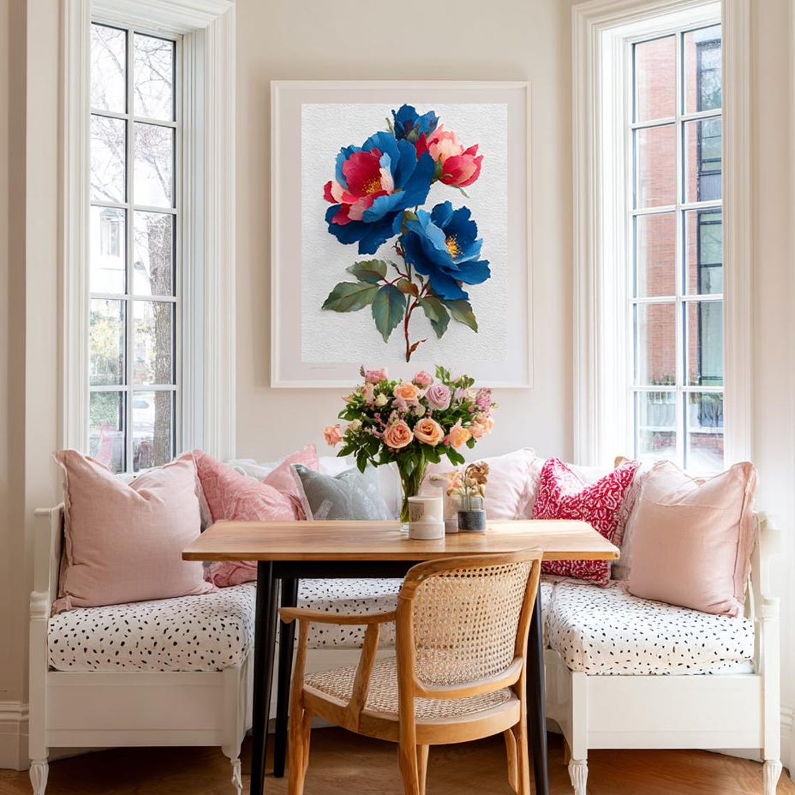 Blue and Pink Peony Oil Painting Botanical Flower Art Poster