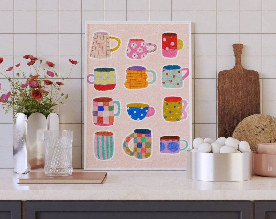 Colorful Mugs Still Life Kitchen Art Print