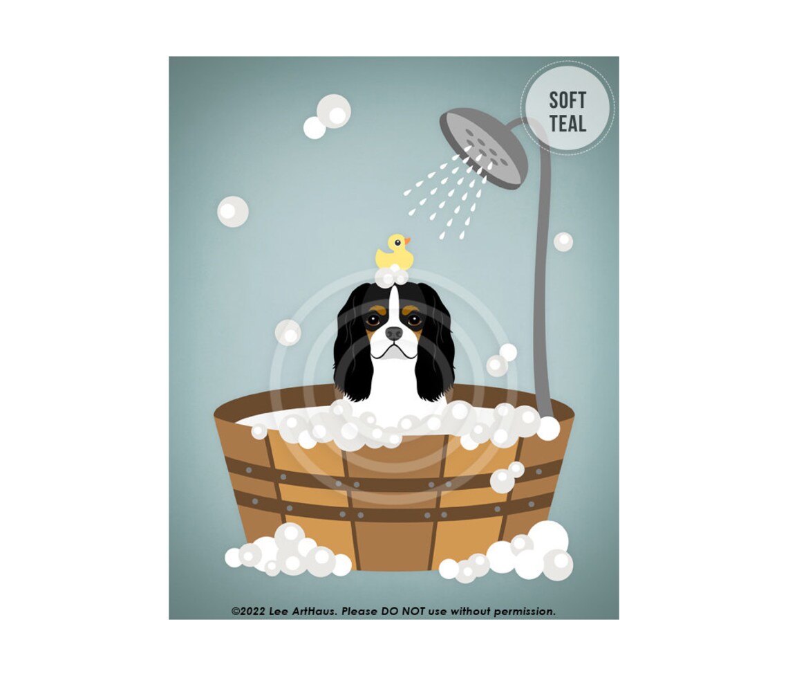 Tricolor Cavalier Spaniel In Wooden Tub Shower Bath With Duck Poster - Image 4