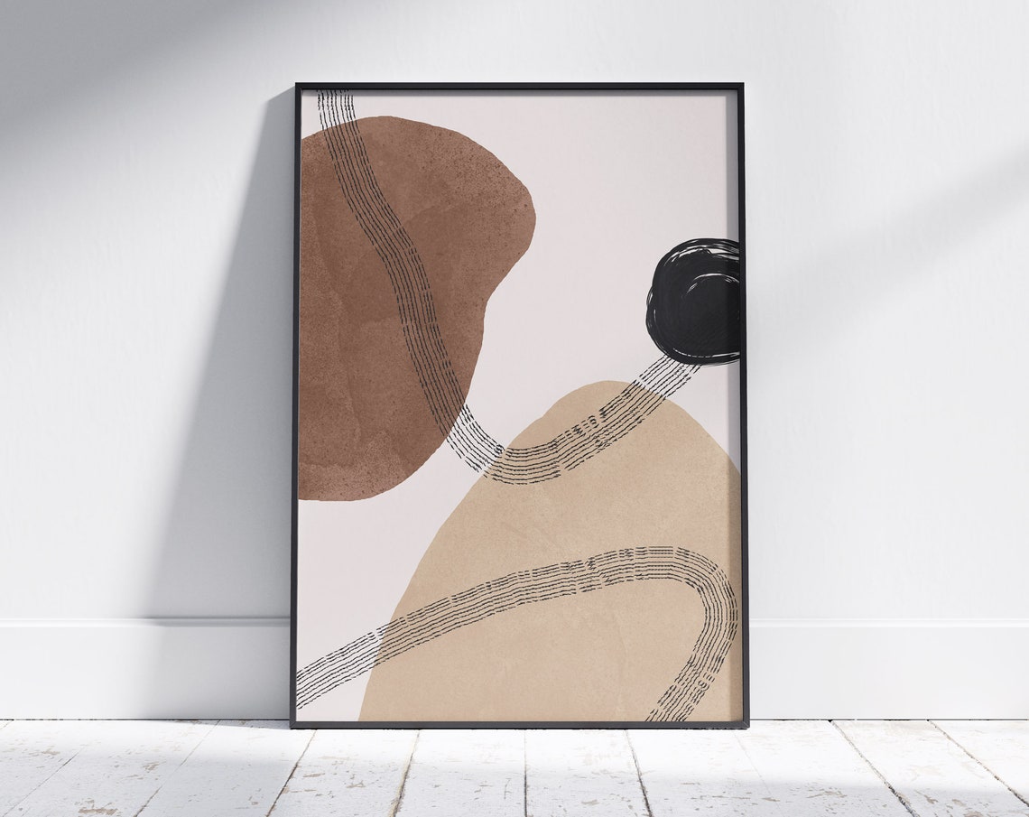 Organic Brown Blobs Black Circle Dashed Line Mid Century Print