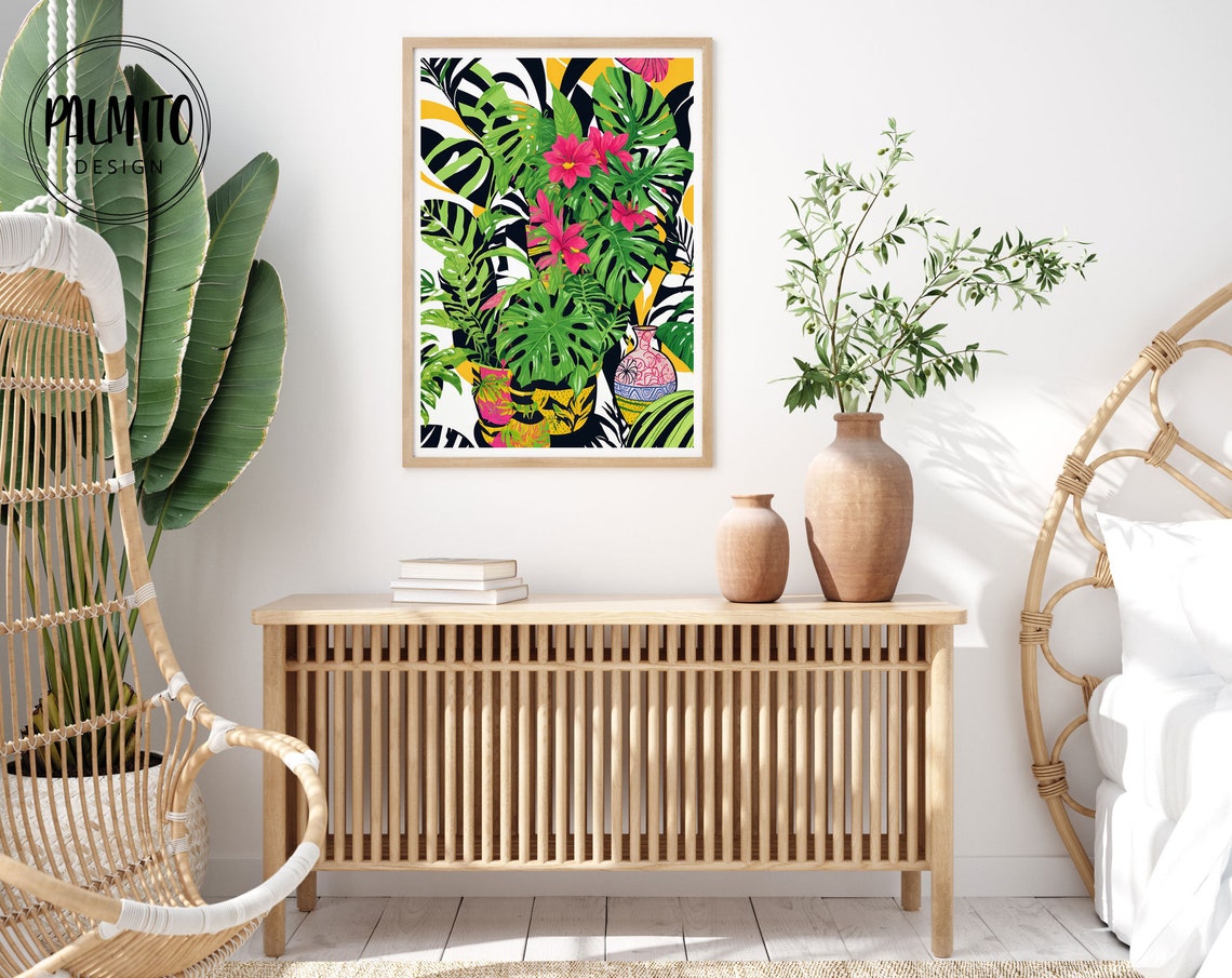 Monstera and Pink Dahlias Striped Botanical Bouquet Art Poster - Image 2