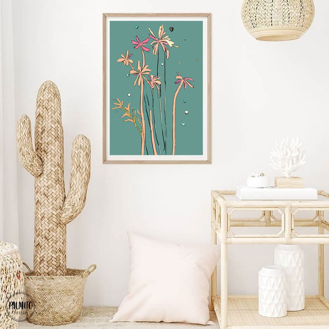 Teal Floral Tall Coral Pink Flowers Vintage Botanical Wall Art - Image 2