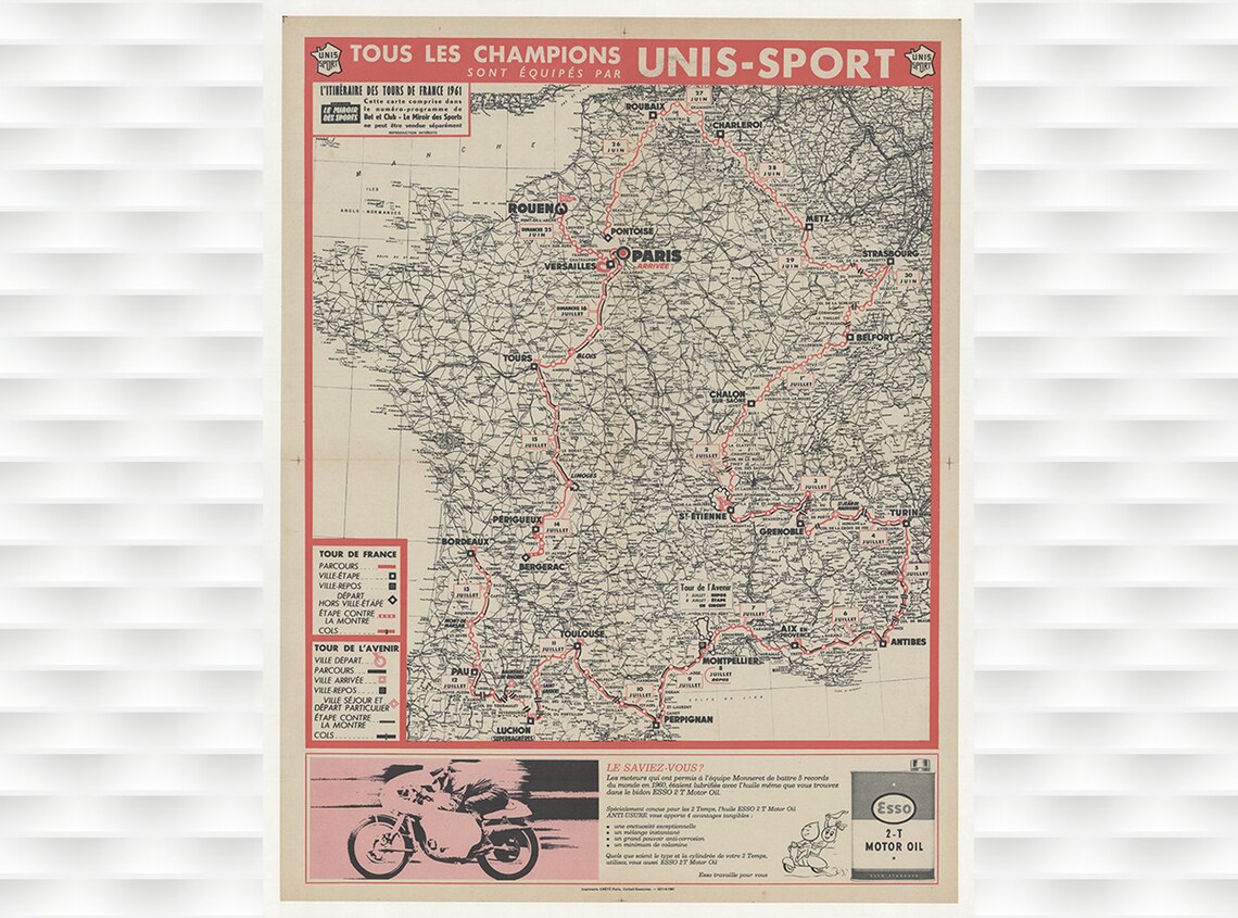 Unis Sport 1961 Tour de France Itinerary Route Map Cycling Poster