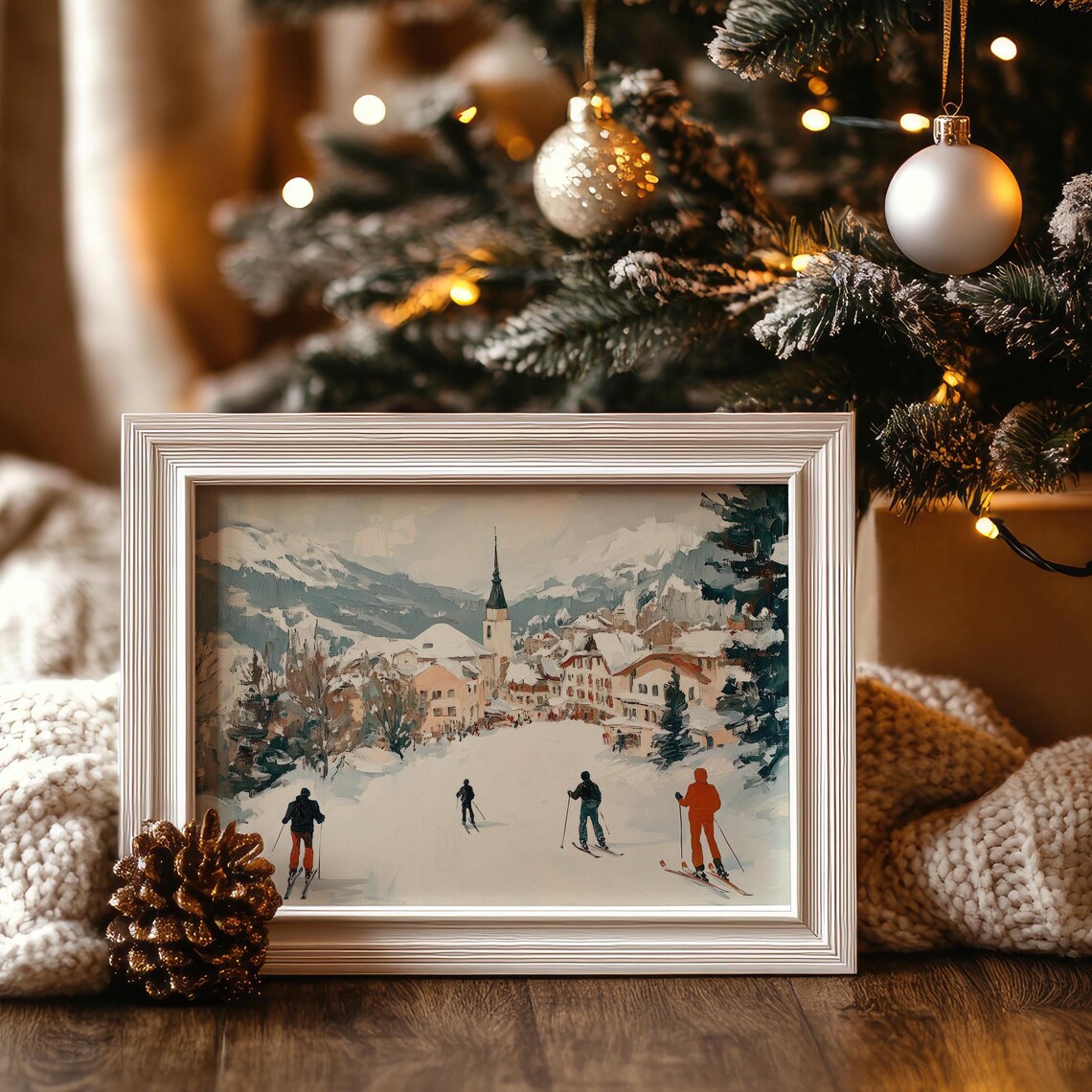 Vintage Alpine Skiers Village Church Snowy Winter Travel Poster