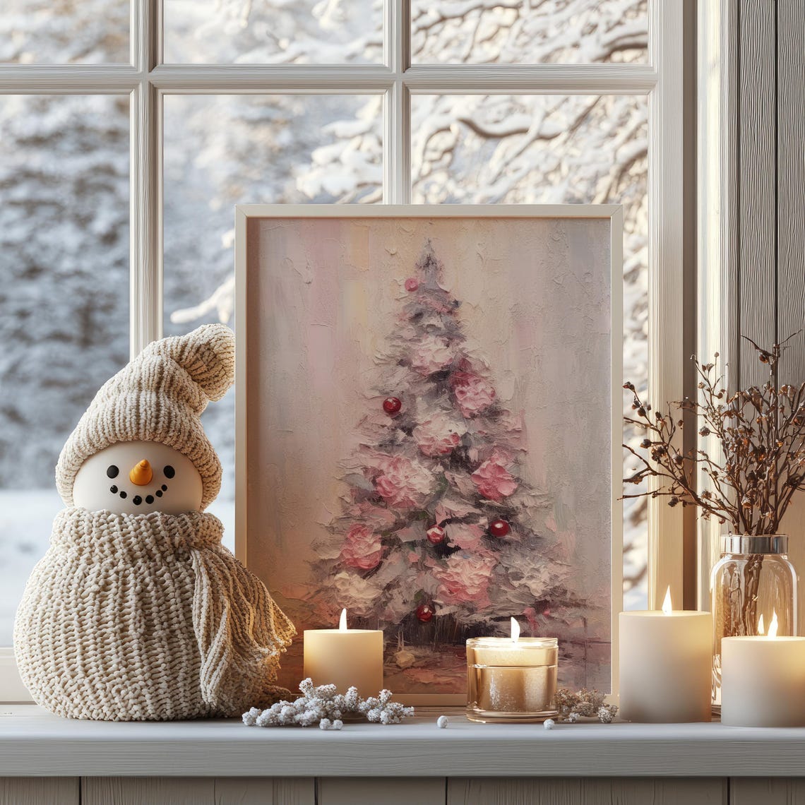 Pink Christmas Tree Red Ornaments Impressionist Holiday Wall Art Print - Image 5