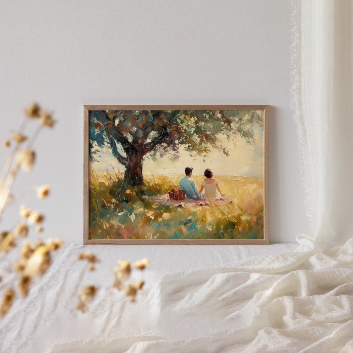 Romantic Couple Picnic Meadow Tree Impressionist Painting Print - Image 6
