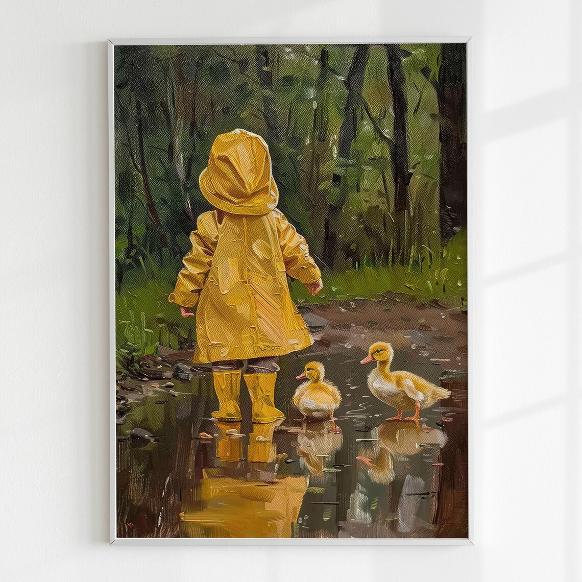 Child Yellow Raincoat Ducklings Rainy Puddle Nursery Oil Art Poster - Image 5