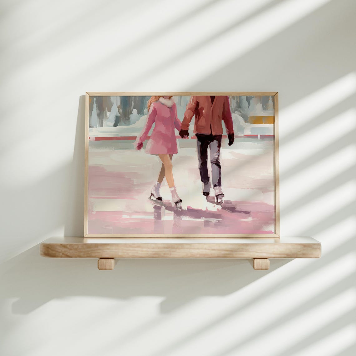 Sweet Pink Couple Ice Skating Holding Hands Winter Wall Art Print - Image 3