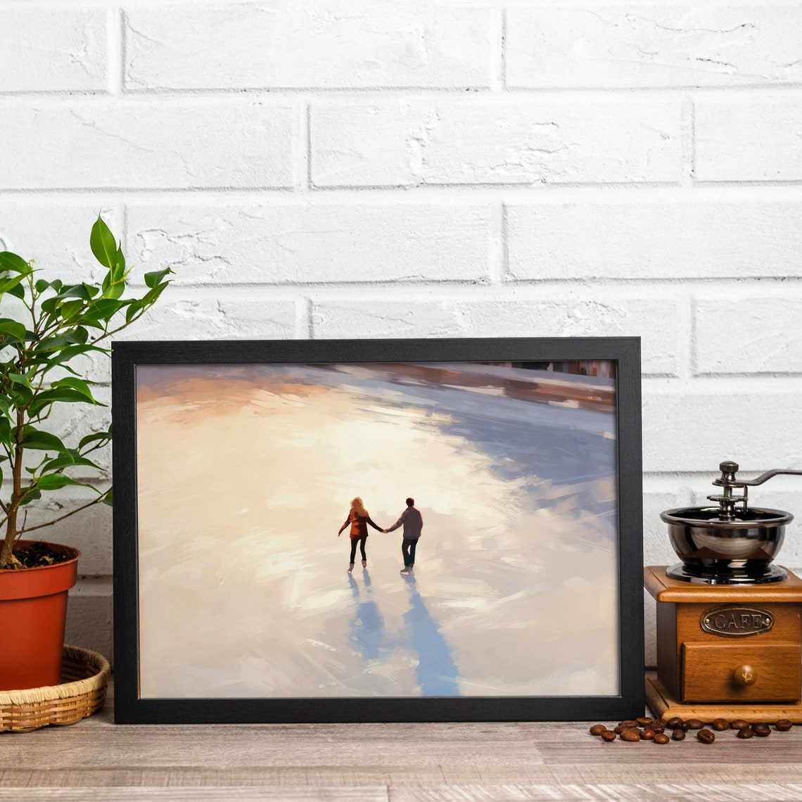 Romantic Couple Ice Skating Golden Sunset Winter Painting Wall Art - Image 5