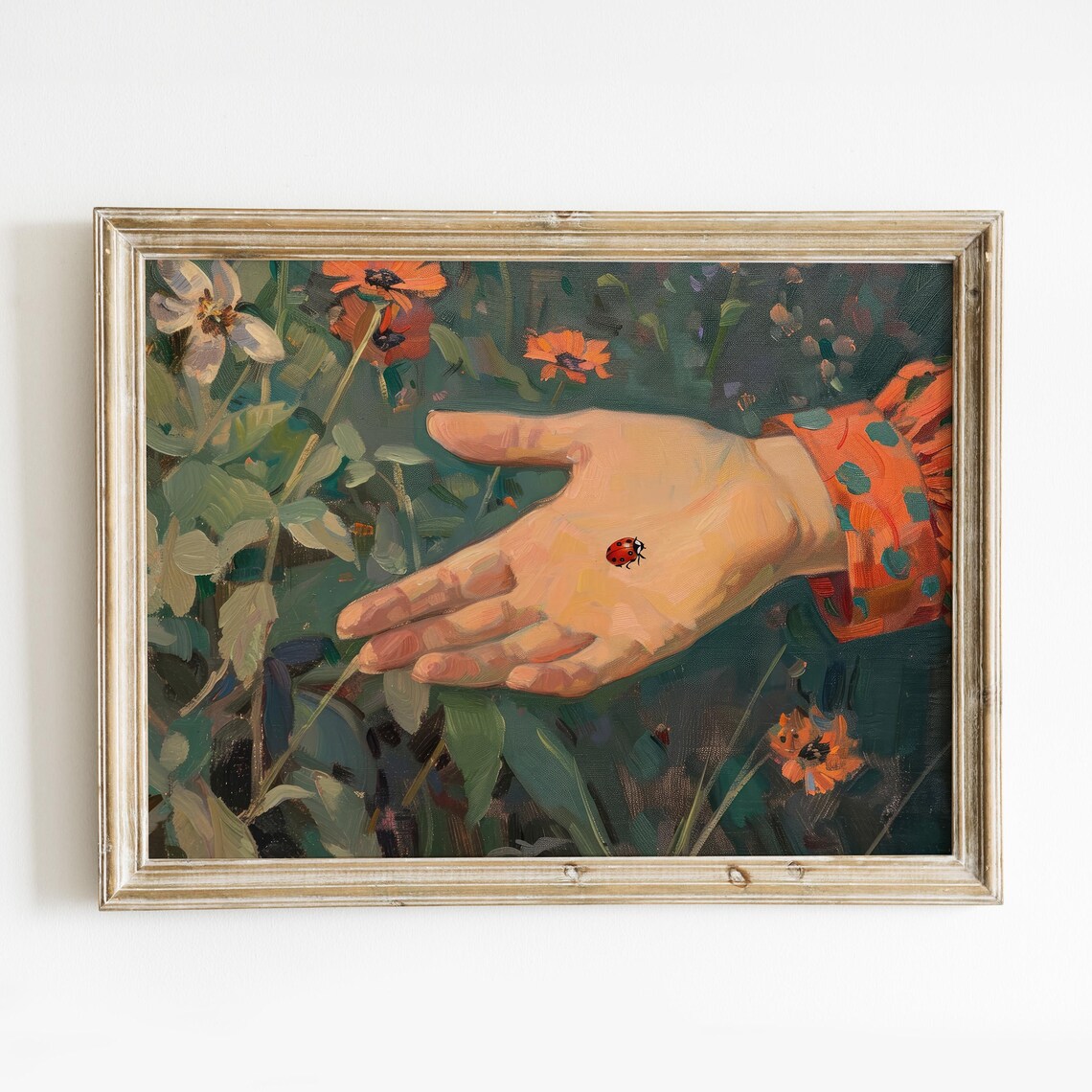 Red Ladybug Resting on Hand Wildflower Garden Spring Oil Art Print