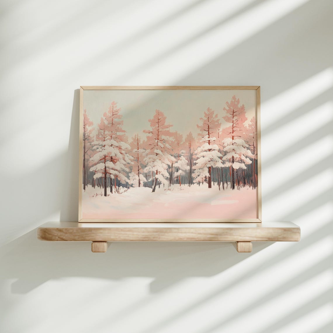 Blush Pink Pine Forest Snowy Winter Landscape Wall Art Poster - Image 3