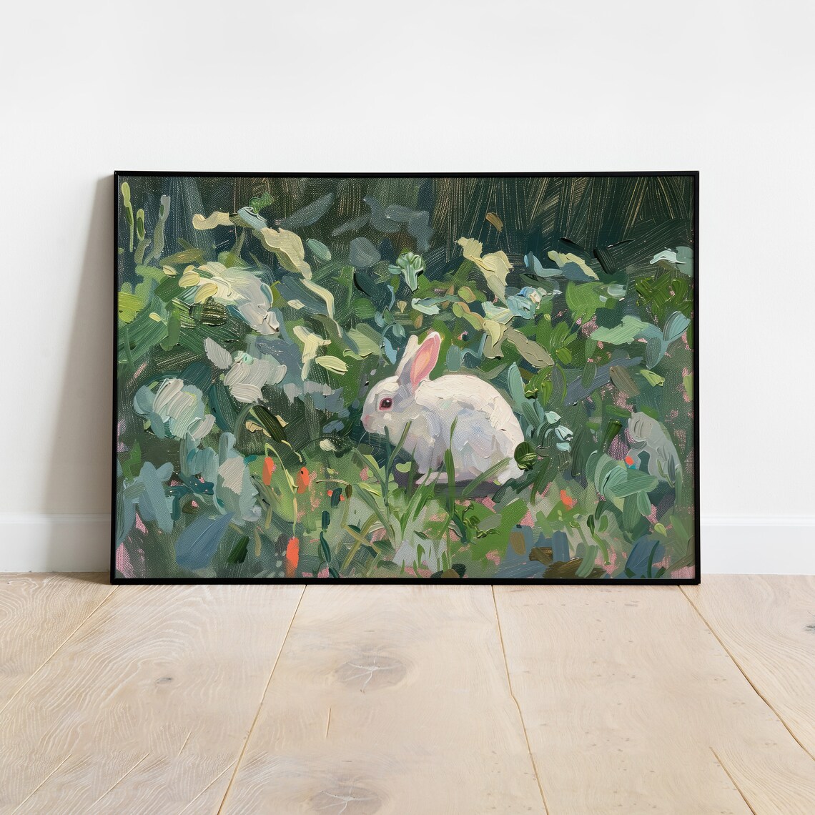 White Bunny Rabbit Lush Garden Vintage Oil Painting Wall Art - Image 4