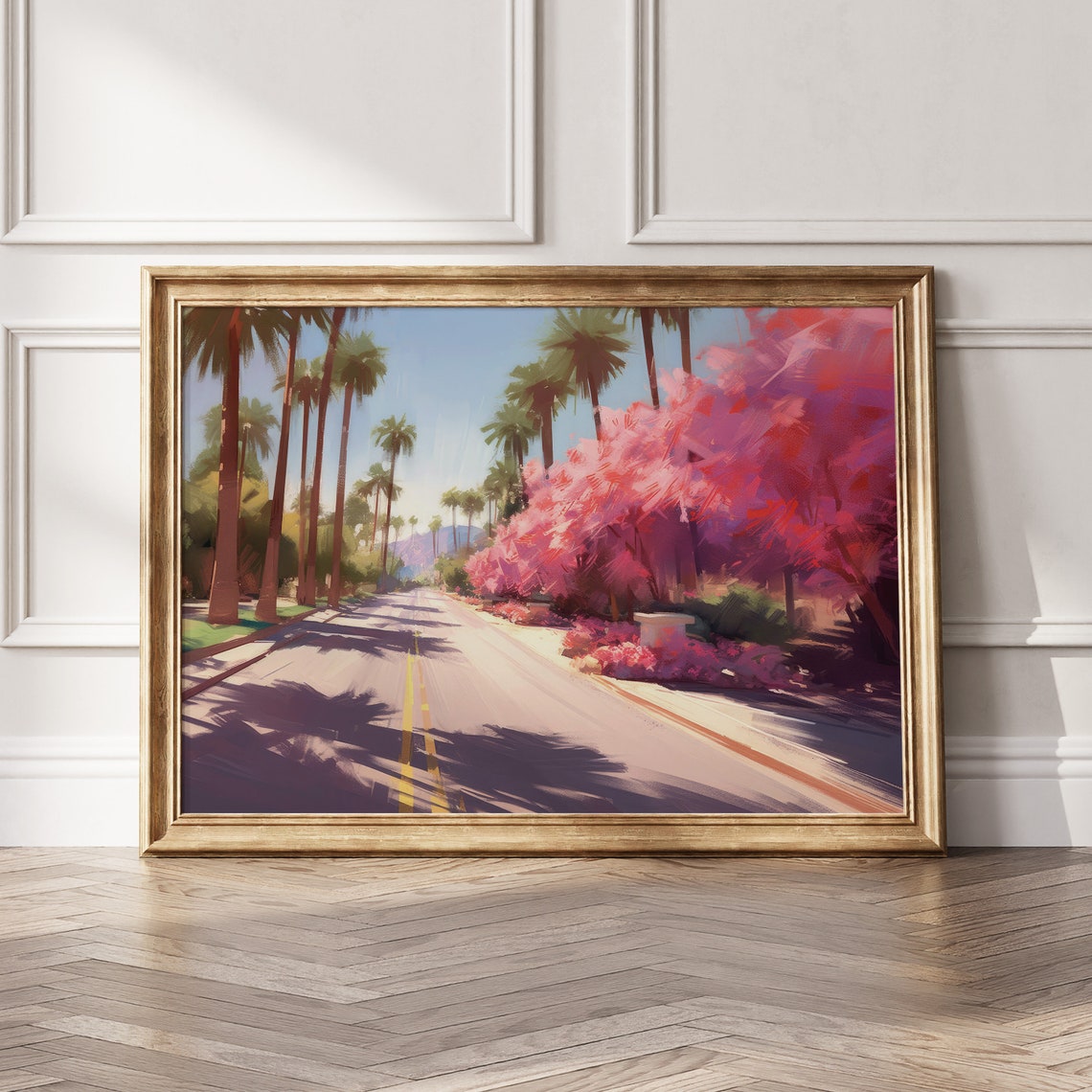 California Palm Tree Lined Road Pink Flowering Trees Travel Poster - Image 7