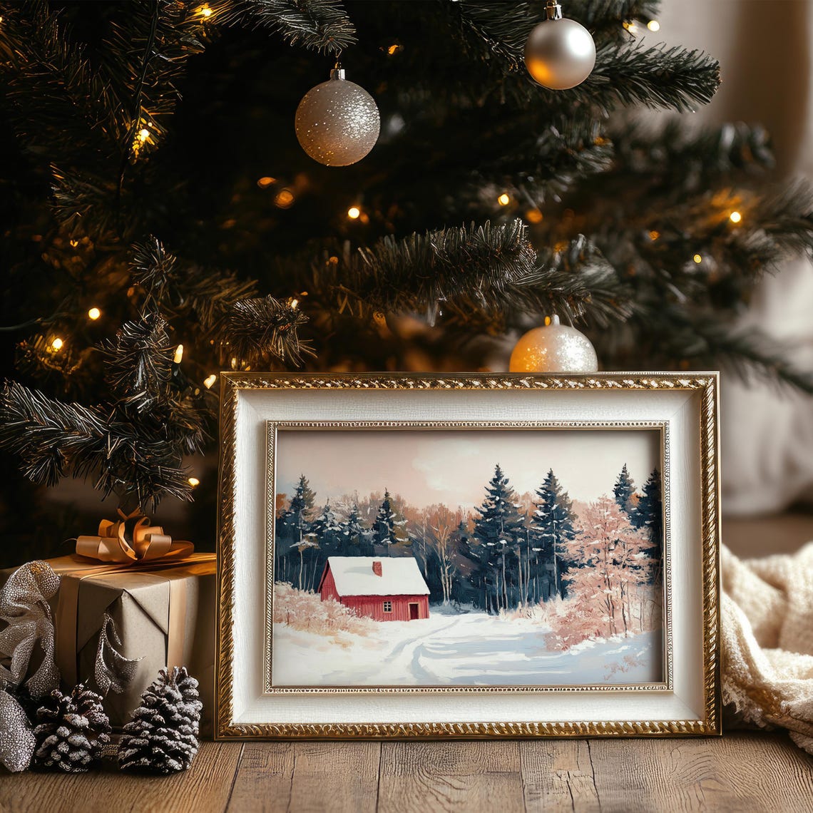Red Cabin In Snowy Pine Forest Winter Landscape Wall Art Poster - Image 5
