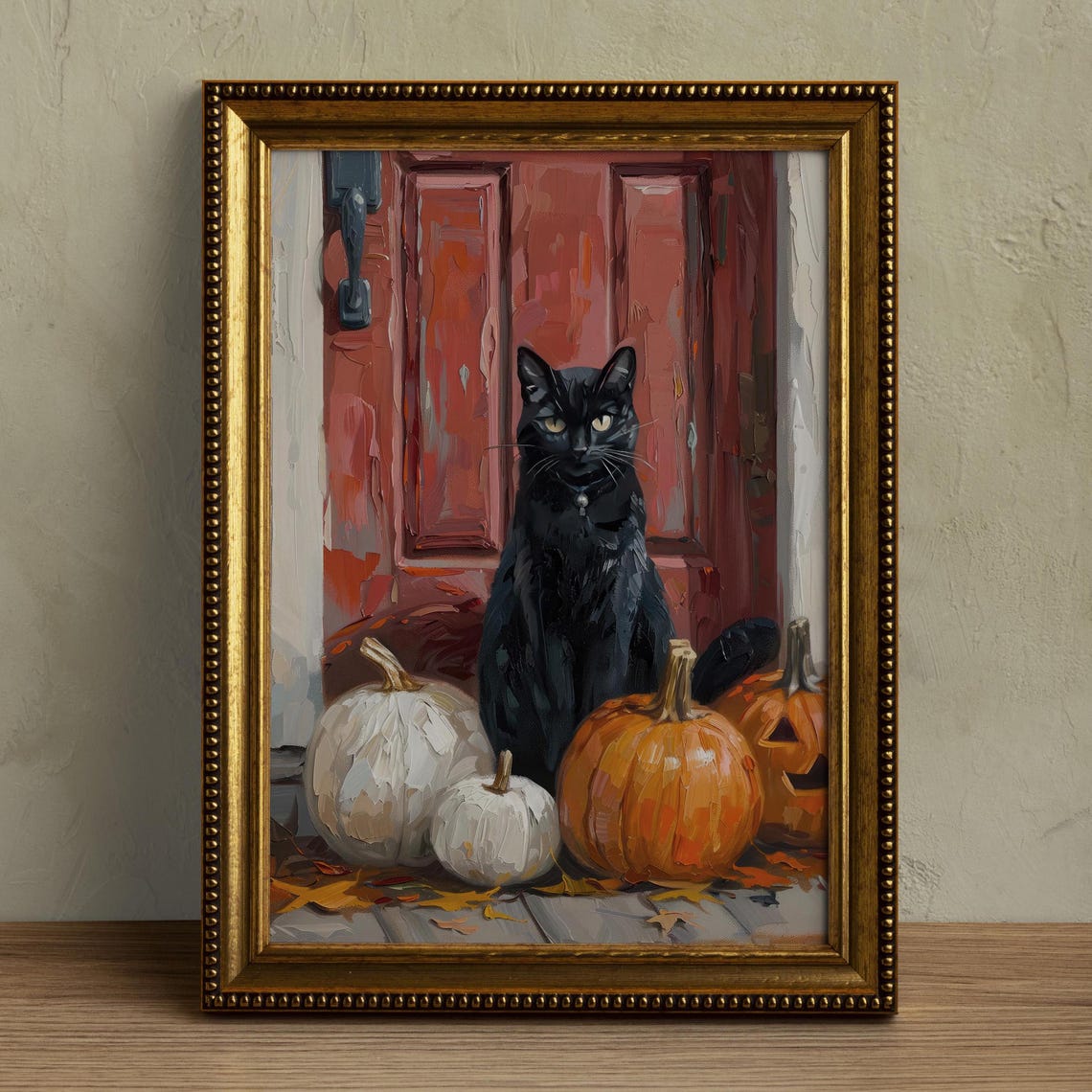 Black Cat With Pumpkins At Red Door Halloween Wall Art Poster - Image 4