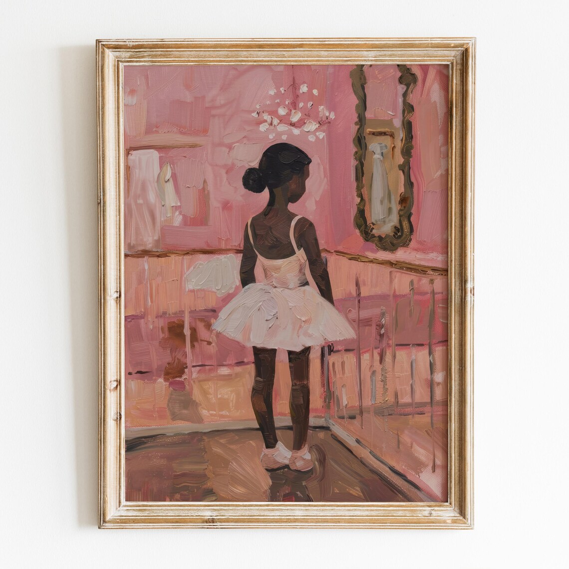 Little Black Ballerina in White Tutu Before Ornate Mirror Pink Studio Poster