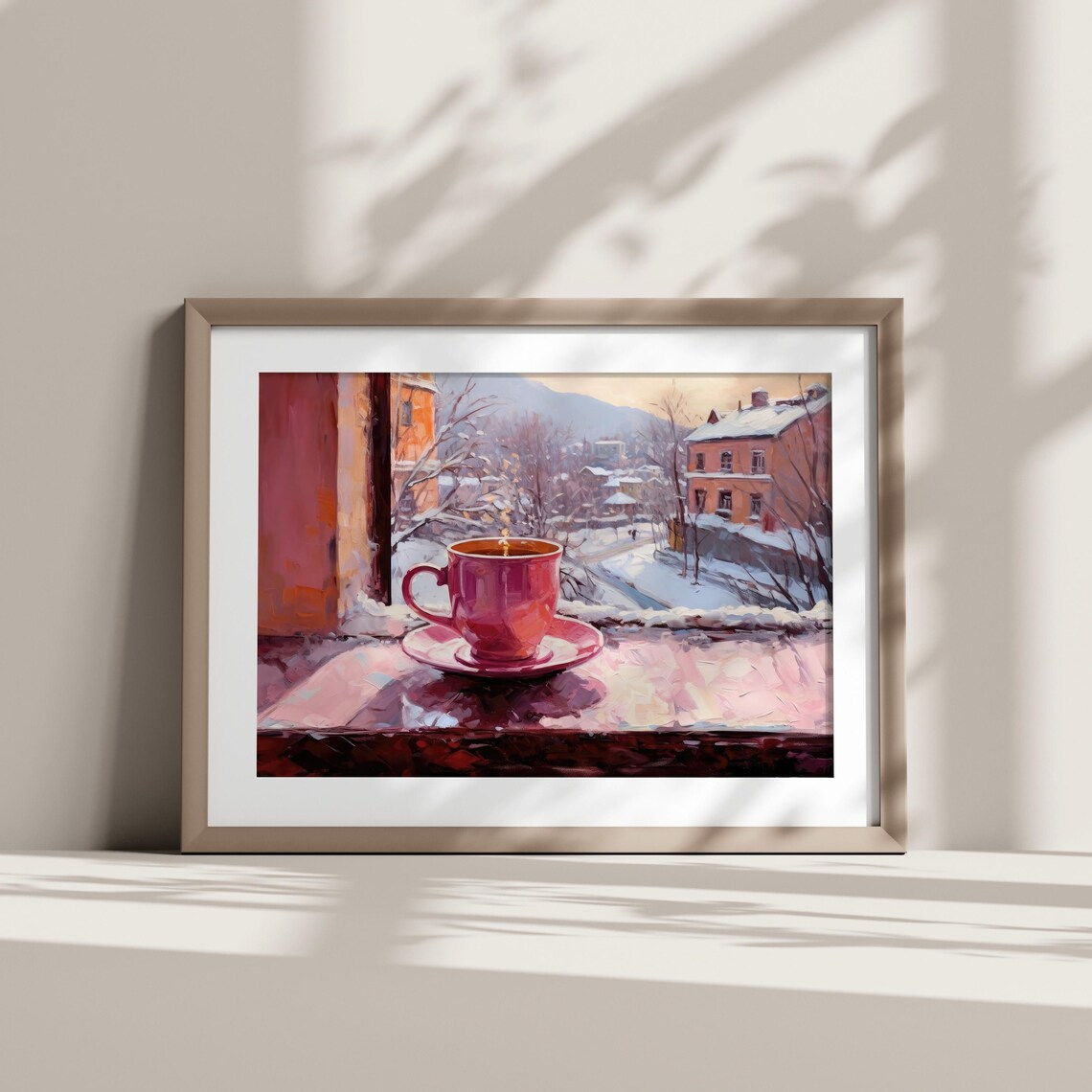 Pink Coffee Cup Snowy Window View Winter Village Morning Art Poster - Image 3