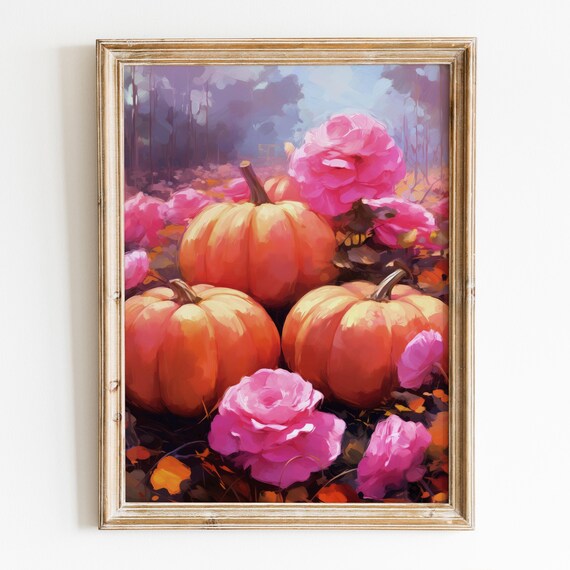 Pink Peonies And Pumpkins Fall Garden Orange Blooms Autumn Kitchen Poster