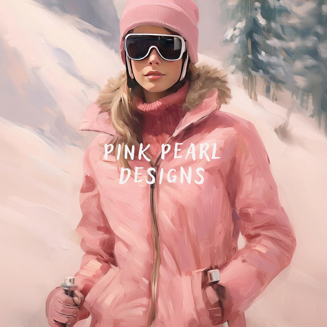 Apres Ski Fashion Pink Ski Outfit Winter Mountain Art Poster - Image 2