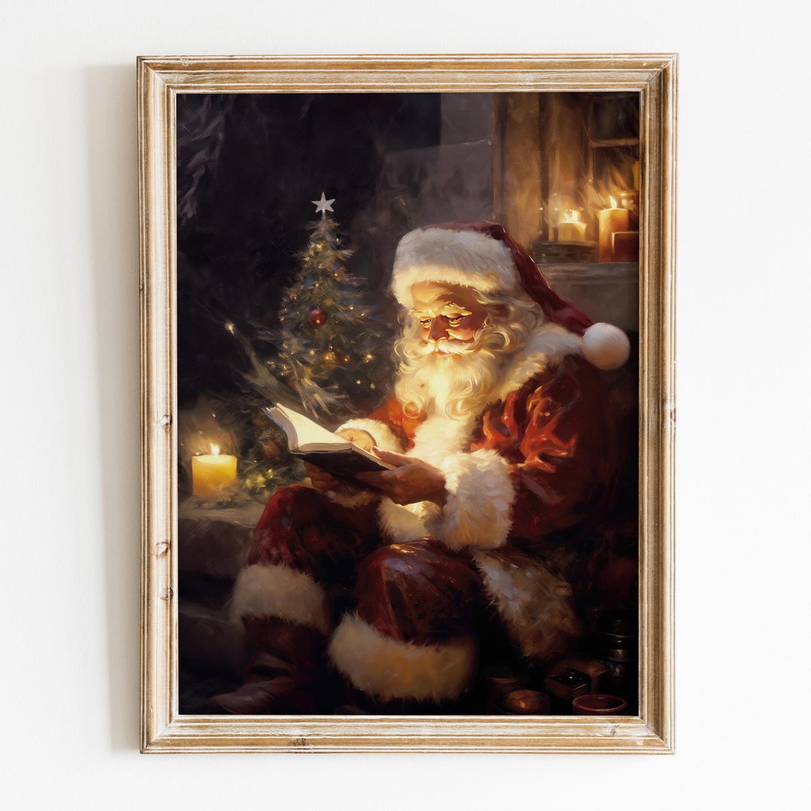 Santa Claus Reading By Candlelight Christmas Tree Art Poster - Image 6