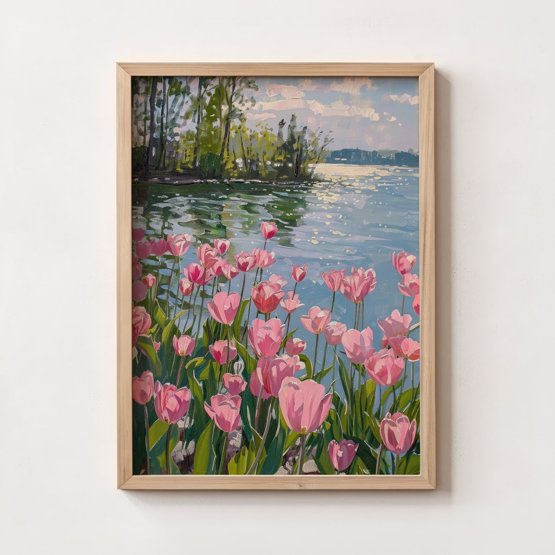 Pink Tulips Spring Lake Sparkling Water Trees Landscape Wall Art - Image 4