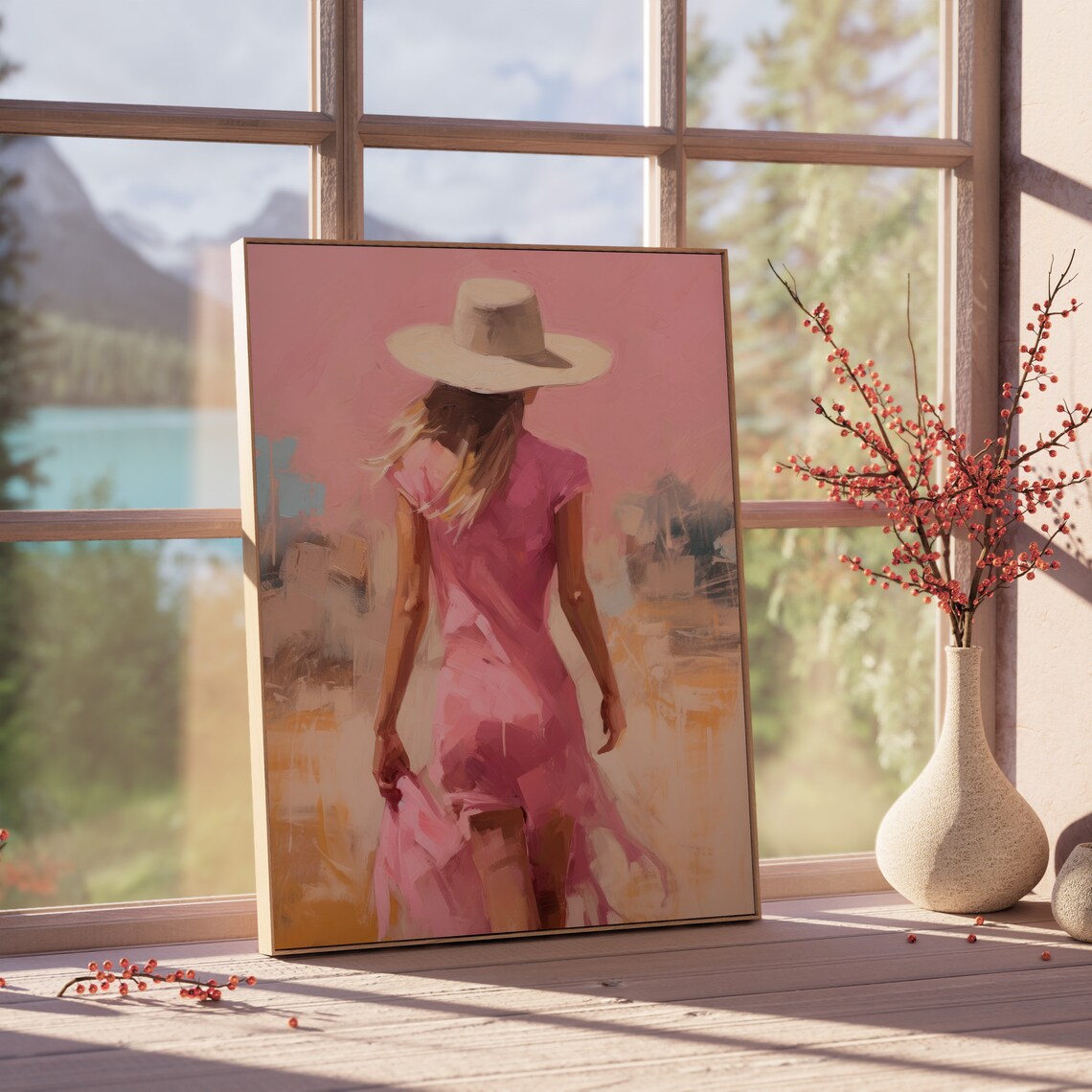 Woman in Pink Dress White Sunhat Walking Abstract Oil Painting Poster - Image 4