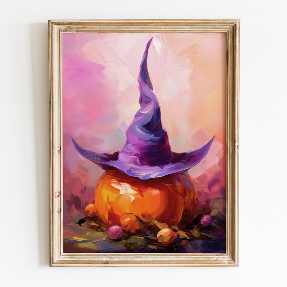 Purple Witch Hat on Orange Pumpkin Halloween Fall Oil Painting Poster