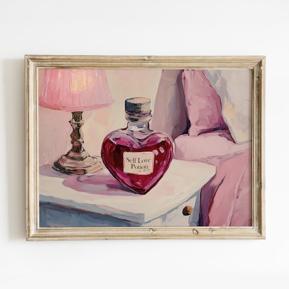 Self Love Potion Heart Bottle Pink Bedside Lamp Motivational Wall Art Poster