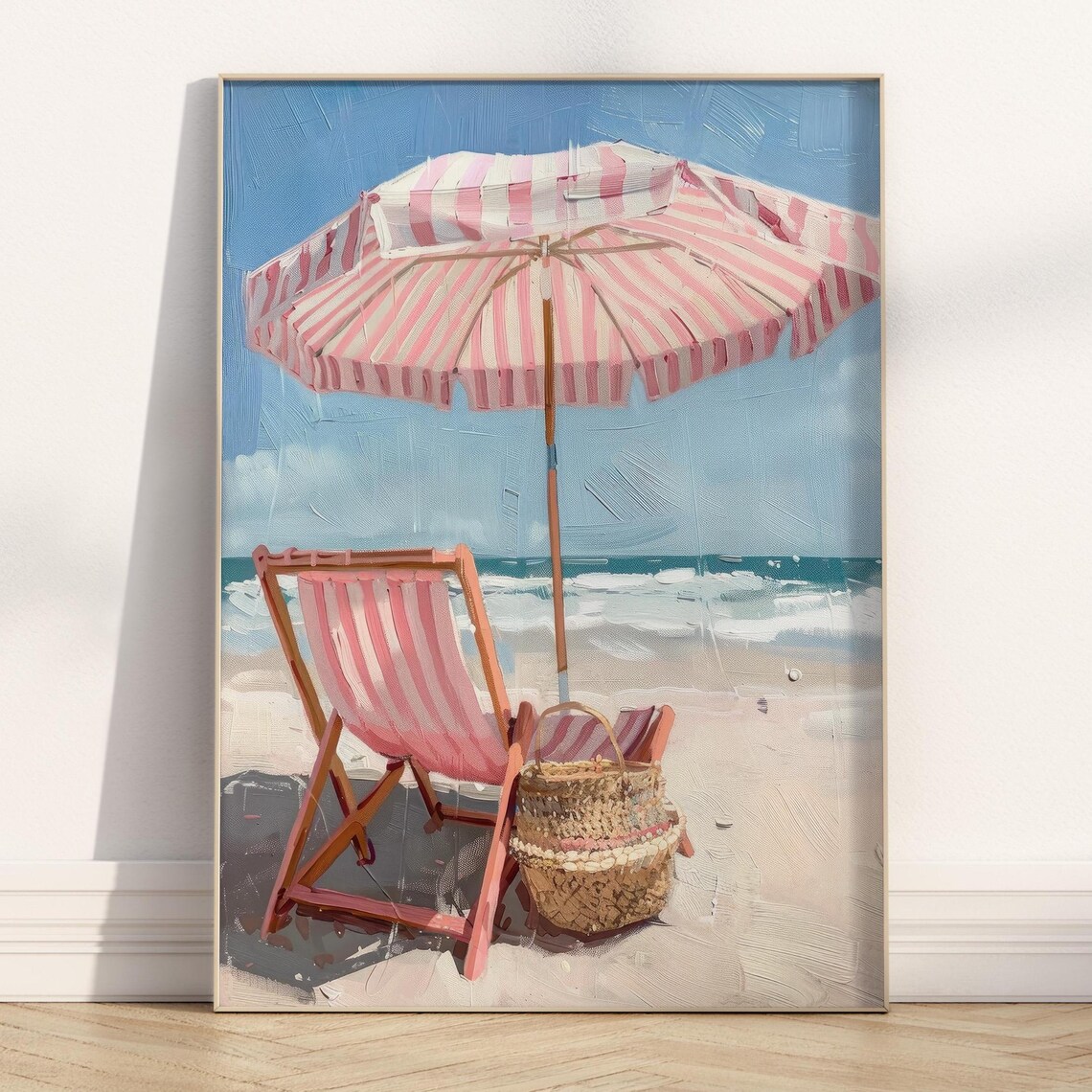 Pink Beach Umbrella Chair Coastal Summer Art Print - Image 5