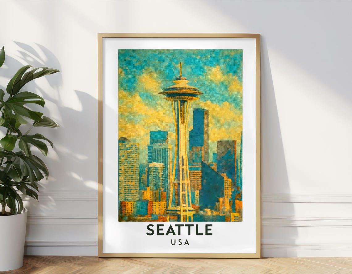 Seattle USA Space Needle Skyline Vintage Style Travel Poster