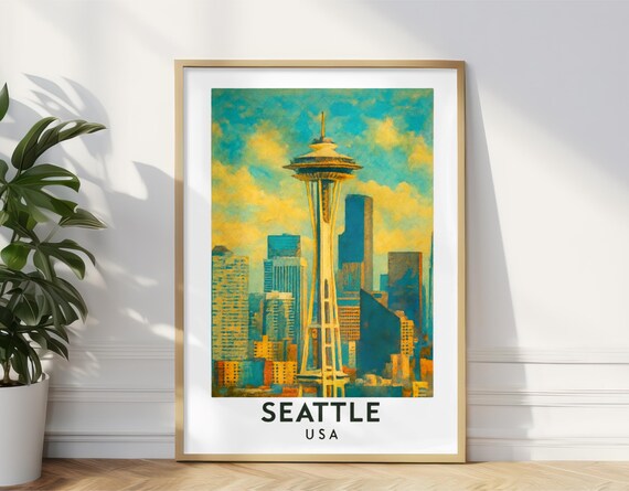 Seattle Usa Oil Painting Travel Poster Space Needle Skyline Wall Art Print Vintage Emerald City Decor Washington State