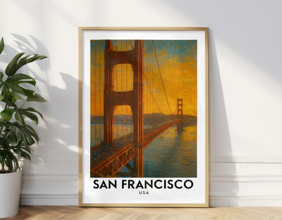 San Francisco Usa Oil Painting Travel Poster Golden Gate Bridge Sunset Wall Art Print Bay Cityscape Vintage Decor Paint Gift